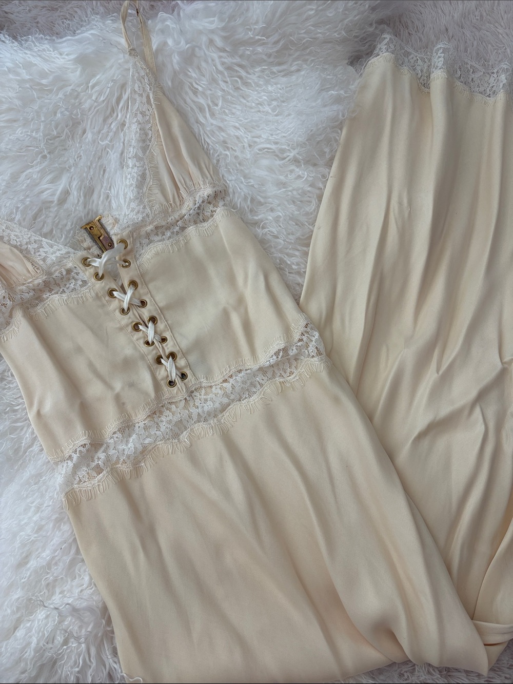 Fillyboo Cream Lace-Trim Slip Dress with Corset Lacing
